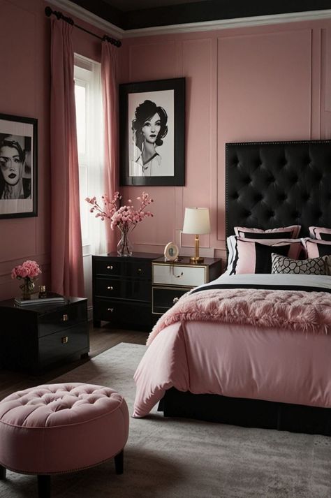 Pink And Black Bedroom Ideas, Grey And Pink Bedroom, Pink And Black Bedroom, Pink Room Design, Dusky Pink Bedroom, Hot Pink Bedrooms, Dusty Pink Bedroom, Black Bedroom Ideas, Blue And Pink Bedroom