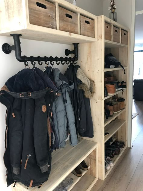 Basement Coat Storage Ideas, Farm Mudroom Ideas, Garage Coat Rack, Mud Room Organization Tips, Farm Mudroom, Garage Landing, Diy Coat Closet, Ski Mud Room, Hanging Storage Ideas