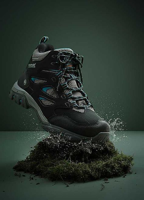 Opt for a lightweight, weather-resistant rambling boot with the 'Holcombe' hiking boots by Regatta. Water-shedding Hydropel technology and a waterproof and breathable Isotex membrane keep feet dry inside and out. Rubberised toe and heel bumpers and EVA footbeds cushion from impact for comfort.Brand: RegattaClean your shoes after each hike or walkFor light walks remove the insoles & air out your shoesFor muddy walks & hikes rinse your shoes with water & use a bristled brush to remove mud or dirt8 Mens Walking Boots, Shoe Photography, Shoe Poster, Mid Shoes, Motion Designer, Creative Shoes, Nike Shoe, Trekking Shoes, Shoes Photography