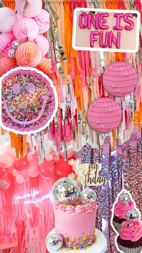 1st Birthday Disco Theme, First Birthday Disco Theme, Colorful First Birthday Girl, One Is Fun Birthday Party Girl, First Disco Birthday Party, Disco First Birthday Party, Girls Just Wanna Be One Birthday, Party Mood Board, Baby Cam