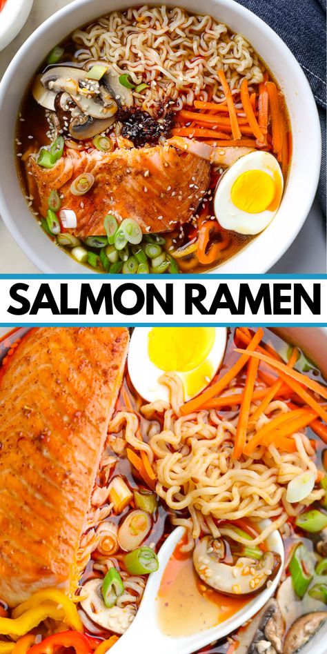 Salmon Ramen, Homemade Ramen Recipe, Salmon Diet, Recipe With Salmon, Pescatarian Meal Plan, Pescatarian Recipes Healthy, Soup Asian, Pescetarian Diet, Delicious Ramen