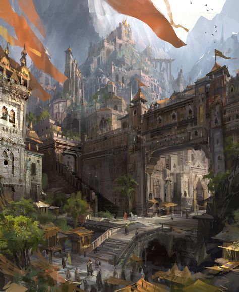 victorious city - high walled fortress in the mountains with banners RPG fantasy setting inspiration Castle Gates Fantasy Art, City Gates Fantasy Concept Art, Fantasy City Architecture, Castle City Fantasy Art, Fantasy Castle City, Fantasy Kingdom Cities, Dark Fantasy City, Fantasy City Concept Art, Fantasy Arena