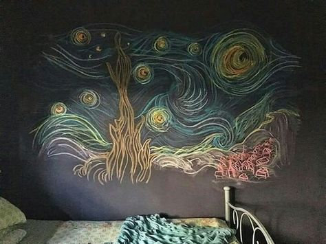 Starry Night in chalk Chalkboard Art Bedroom, Chalk Wall Ideas Bedroom, Chalk Wall Mural, Neon Chalk Art, Chalk Space Art, Chalk Wall Art Bedroom, Chalkboard Mural, Galaxy Chalk Art, Starry Night Chalk Art