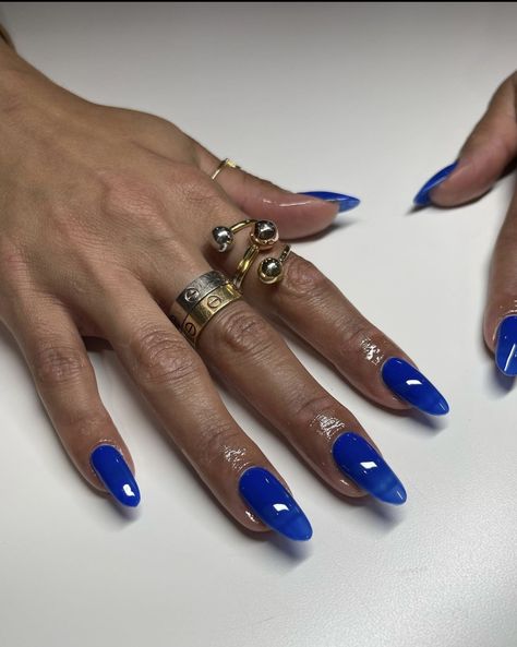 Mediterranean Blue Nails, Trendy Nail Colors 2024 Summer, Royal Blue Chrome Nails, Electric Blue Nails Design, Dark Summer Nails, Blue Jelly Nails, Electric Blue Nails, Bright Blue Nails, Cobalt Blue Nails