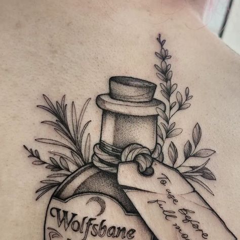 Lupin Tattoo Harry Potter, Apothecary Tattoo Ideas, Apothecary Bottle Tattoo, Harry Potter Potion Tattoo, Magic Potion Tattoo, Apothecary Jar Tattoo, Posion Flowers Tattoo, Remus Lupin Tattoo, Mushroom Potion Bottle Tattoo