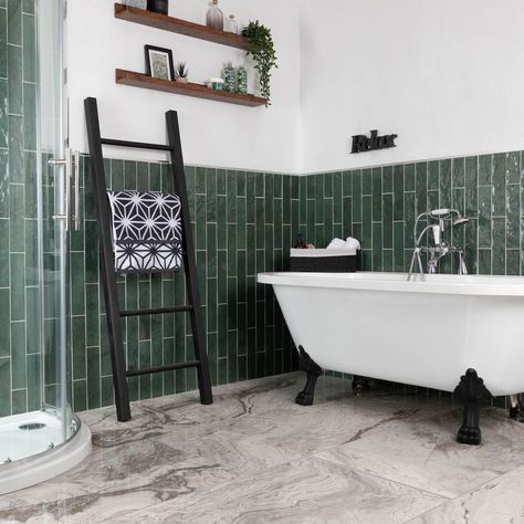 Our Top 9 Green Bathroom Ideas - Walls and Floors Tiled Floor And Wall Bathroom, Colour Tile Bathroom, Floor And Wall Tiles The Same, Bathroom Glazed Tiles, Green Shower Room Ideas, Green Tiled Bathrooms Ideas, Coloured Tiles Bathroom, Colorful Tiles Bathroom, Bathroom Ideas Green Tiles