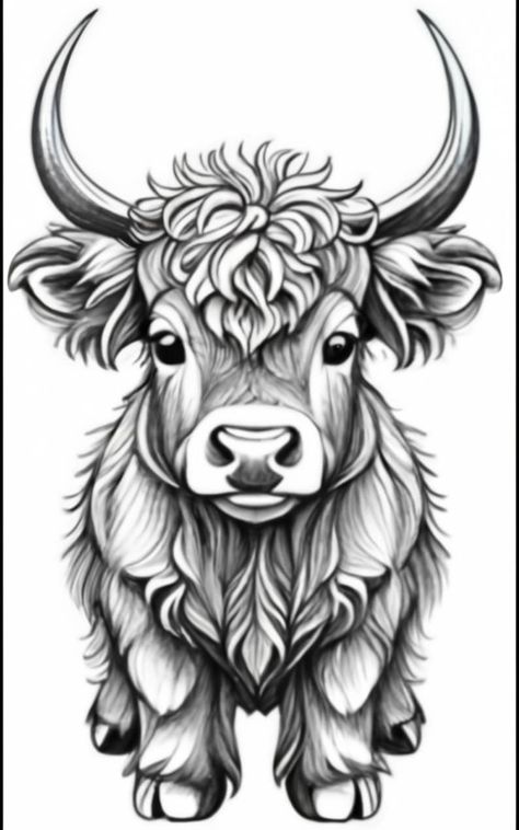 Highland Cow Tattoo Design, Scottish Highland Cow Tattoo, Highland Cow Valentines Box Ideas, Highland Cow Drawings, Highland Cow Tattoo Simple, How To Draw A Highland Cow, Cute Cow Sketch, Baby Cow Drawing, Highland Cow Outline