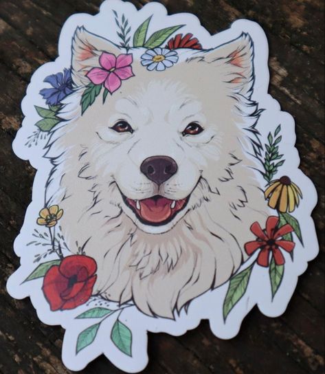 Samoyed Tattoo, Trash Polka Tattoo, Canine Art, Wolf Drawing, Wolf Tattoos, Dog Flower, Dog Tattoo, Dog Drawing, Art Drawings Sketches