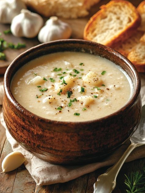 Ariarecipes - Country French Garlic Soup A comforting, rustic... | Facebook Country French Garlic Soup, Garlic Broth, Soup Dishes, Garlic Soup, Country French, Soups And Stews, Chowder, Broth, Garlic Cloves