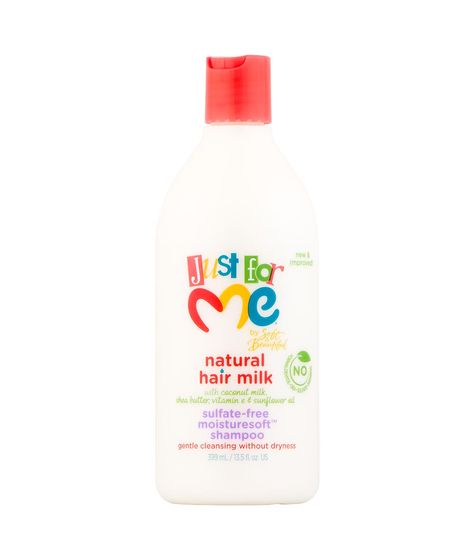 JUST FOR ME HAIR MILK SULFATE-FREE MOISTURESOFT SHAMPOO 13.5 oz Just For Me Hair Milk Moisturesoft Sulfate Free Cleanser provides a gentle non-drying, sulfate-free alternative that cleans hair without compromising the rich lather you love. Hair is left feeling soft, hydrated, and shiny. Say goodbye to tugging & hello to healthy looking tangle-free hair! *FREE OF SULFATES, SYNTHETIC DYES, SYNTHETIC COLOR, MINERAL OIL/PARAFFINS, and SILICONES DIRECTIONS Apply Moisturesoft Sulfate-Free Shampoo into wet hair to gently remove dirt, oil, and impurities. Rinse, repeat as necessary. For best results, follow with Natural Hair Milk Silkening Conditioner. INGREDIENTS Water (Aqua, Eau), Coco-Betaine, Sodium Cocoyl Isethionate, Cocamidopropyl Betaine, Sodium Chloride, Polyquaternium-10, Fragrance (Parf Tangle Free Hair, Hair Milk, Cocamidopropyl Betaine, Sulfate Free Shampoo, Sodium Chloride, Clean Hair, Milk Protein, Sulfate Free, Love Hair