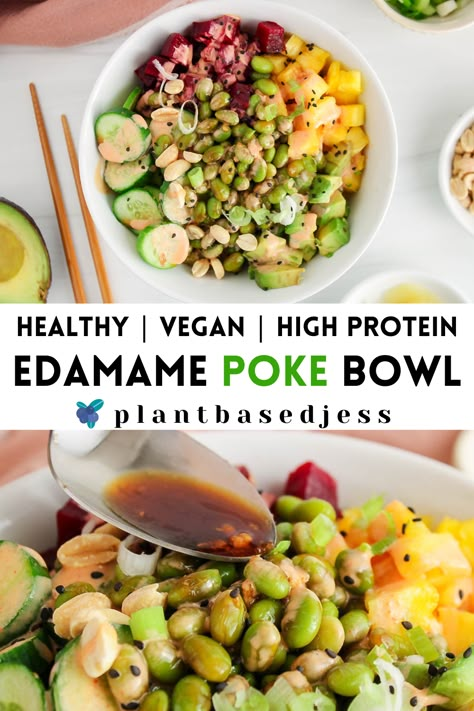 View on a vegan edamame poke bowl. Edamame Poke Bowl, Edamame Buddha Bowl, Vegan Poke Bowl Sauce, Edamame Bowl Recipe, Edamame Rice Bowl, Vegan Edamame Recipes, Vegan Poke Bowl Recipe, Rice Edamame Bowl, Veggie Poke Bowl