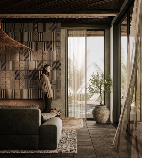 Alena Valyavko: Conceptual project in the Wabi Sabi style. Natural shapes and colors emphasize the identity of this style. The main natural material is wood. The project is conceived as a place for a short getaway. Feel the lightness and atmosphere of this place! #architecture #house #fashion #decor #diy #homedecor #amazingarchitecture #interiordesign #contemporanyhome #modern #residence #designer Wabi Sabi Hotel, Wabi Sabi Bedroom, Wabi Sabi Interior Design, Wabi Sabi Design, Wabi Sabi Interior, Casa Cook, 70s Interior, Wabi Sabi Style, Open Plan Living Room