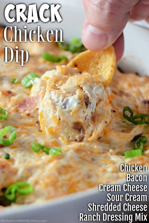 Crack Chicken Dip is so crave-worthy and just perfect for game day, a party, potluck, movie night, or any time you need a hearty snack. Serve with chips for a crunchy, creamy, meaty appetizer that is really easy to make and will disappear fast! Meaty Appetizers, Hot Crab Dip Recipe, Bacon Cheese Dips, Hot Crab Dip, Spinach Dip Recipe, Chicken Dip Recipe, Hearty Snacks, Delicious Dips Recipes, Bacon Dip