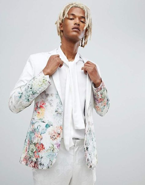 Asos Design ASOS DESIGN skinny suit jacket in floral printed white jacquard Embroidered Suit Men, Floral Wedding Suit, Nonbinary Formal Wear, Floral Suit Men, Bohemian Editorial, Nonbinary Wedding, Mens Floral Blazer, Floral Suit Jacket, Flower Suit