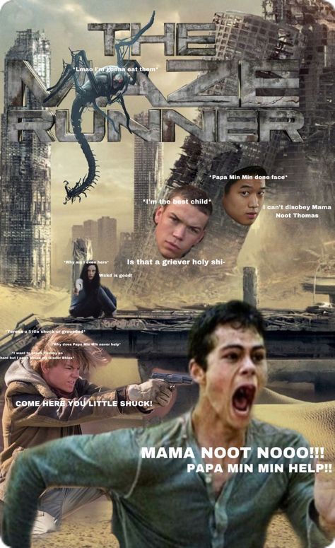 Mama Noot And Papa Min Min, Thomas Tmr, Mama Noot, Dystopian Films, Runner Humor, Maze Runner Characters, Maze Runer, Maze Runner Trilogy, Maze Runner Funny