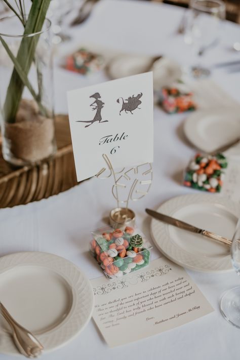 Lion King Themed Wedding, Disney Rustic Wedding, Disney Wedding Favors For Guests, Lion King Wedding Theme, Wedding Guest Table Centerpieces, Lion King Wedding, Disney Wedding Decorations, Timon And Pumba, Disney Wedding Favors