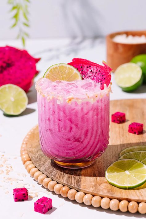 Creamy Dragon Fruit Margarita - The Social Sipper Blended Cocktail Recipes, Berry Margarita, Purple Recipes, Best Mocktails, Fruit Margarita, Cocktail Sauce Recipe, Red Dragon Fruit, Blended Cocktail, Recipe Builder