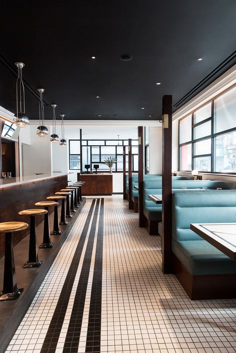 Inside Nickel & Diner, a New Modern Diner in NYC | Domino Booth Seating Design, Diner Nyc, Restaurant Booth Seating, Classic American Diner, Diner Aesthetic, Restaurant Booth, Diner Restaurant, Lake House Interior, Diner Decor