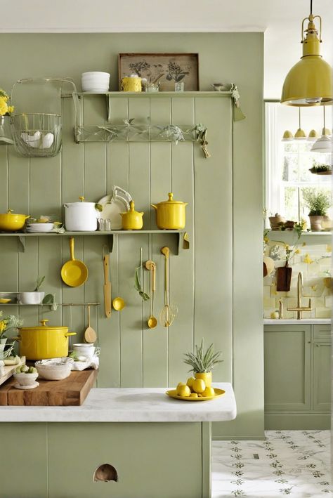 How To Infuse Lemon Fresh Vibes: Sage Green and Mustard Yellow Kitchen Bliss [2024] #Ad #homedecor #homedesign #fixhome #Painthome #interiorarchitecture Sage And Yellow Kitchen, Yellow And Sage Kitchen, Yellow Accent Kitchen, Mint And Yellow Kitchen, Yellow And Green Kitchen Decor, Sage Green And Yellow Kitchen, Kitchen Mustard Yellow, Yellow Kitchen Countertop, Yellow Pastel Kitchen