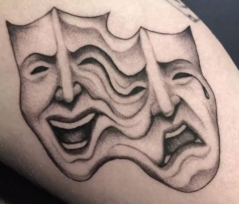 Tattoo Circle, Comedy Tragedy Masks, Tragedy Mask, Drama Masks, K Tattoo, Circle Tattoos, Wicked Tattoos, Thigh Piece, Comedy And Tragedy