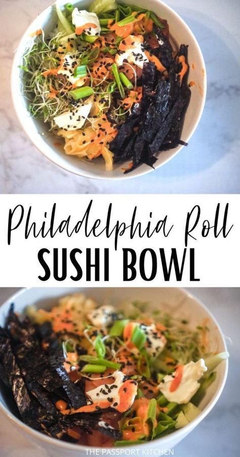 Easy 30-Minute Philadelphia Roll Sushi Bowl - The Passport Kitchen. This easy smoked salmon sushi bowl (similar to a poke bowl) is so good! This Philadelphia roll inspired sushi bowl with sriracha mayo is ready in 30 minutes and is so tasty! Philadelphia Roll Sushi, Philadelphia Roll, Smoked Salmon Sushi, Family Meal Planning Healthy, Sushi Bowl Recipe, Sushi Bowls, Poke Bowl Recipe, Salmon Poke, Sushi Making