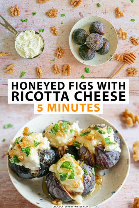 Figs With Ricotta And Honey, Ricotta Cheese Recipe, Fig Dessert, Honey Dessert, Ricotta Cheese Recipes, Recipe Inspirations, Bite Size Food, Ricotta Recipes, Vegetarian Sides