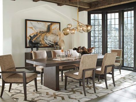 Taking Center Stage: The Dining Room - Colorado Homes & Lifestyles Solid Oak Dining Table, Barclay Butera, Lexington Home, Colorado Homes, Lexington Furniture, Upholstered Side Chair, Wooden Leg, Oak Dining Table, Upholstered Fabric