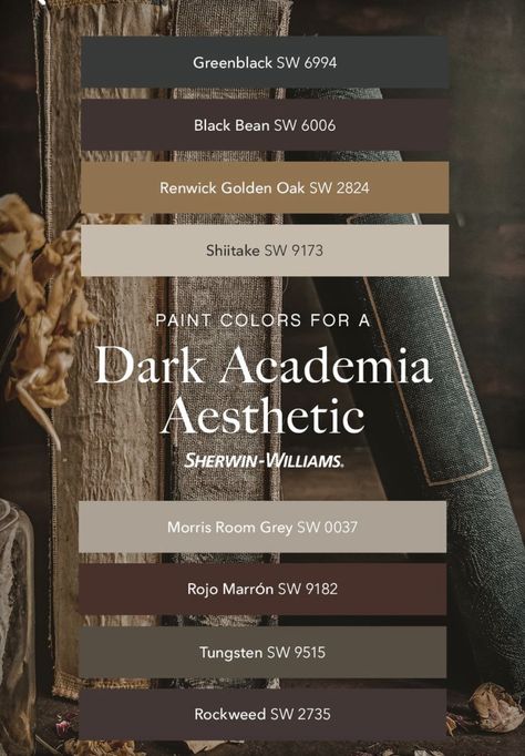 Zyla Palette, Dark Academia Color Palette, Dark Academia Painting, Dark Academia Color, Paint Color Swatches, Dark Academy, Color Design Inspiration, Bathroom Color Schemes, House Color Palettes