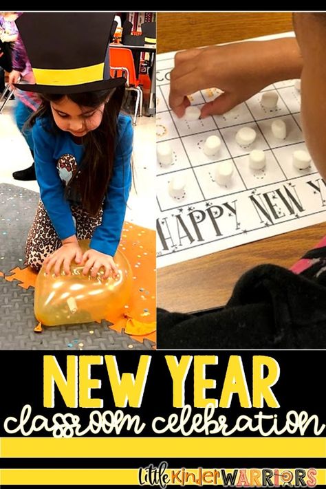 Classroom New Years Party, New Years First Grade, New Years Activities Kindergarten, New Years Activities For Kids Classroom, Kindergarten January, News Years Crafts For Kids, Winter Kindergarten Activities, Classroom Snacks, New Year Words