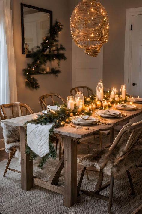 Create a warm and inviting holiday setting with a Christmas dining table featuring candles. Whether it's a unique round dining table or a simple setup, elegant centerpieces and soft candlelight add a magical touch. Explore ideas for holiday decor, from simple touches to sophisticated Christmas centerpieces, perfect for a cozy, festive dining experience. Christmas Dinner Room Decor, Dining Table Holiday Decor, Round Christmas Table Settings, Styling Round Dining Table, Christmas Round Table Centerpieces, Round Christmas Table Decor, Farmhouse Christmas Dining Table Decor, Christmas Table Centerpieces Elegant, Round Dining Table Centerpiece