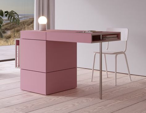 Blush Pink Bedroom Decor, Compact Office, Modern Objects, Pink Living Room Decor, Busy Office, Pink Bathroom Decor, Colorful Desk, Pink Desk, Desks For Small Spaces