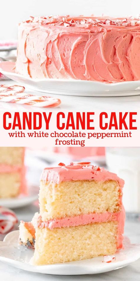 Candy Cane Cake, Peppermint Frosting, Candy Cane Recipe, Cake Flour Substitute, Perfect Christmas Dessert, Peppermint Recipes, Peppermint Cake, White Chocolate Peppermint, Moist Vanilla Cake