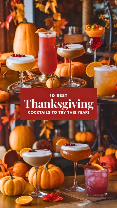 "Discover the 10 Best Thanksgiving Cocktails to Try This Year! Elevate your holiday celebrations with these delightful Thanksgiving cocktails that are perfect for any gathering. From cozy fall cocktail recipes to unique holiday drink ideas, these festive beverages will impress your guests. Whether you're hosting a Thanksgiving party or just looking for seasonal cocktails to enjoy, our curated list has something for everyone!" Thanksgiving Cocktails For A Crowd, Signature Cocktail Ideas, Cocktails For A Crowd, Holiday Martinis, Cocktail Recipes For A Crowd, Unique Cocktail Recipes, Thanksgiving Cocktail Recipes, Winter Cocktails Recipes, Fall Cocktails Recipes