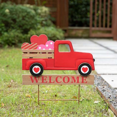 Red Pickup Truck with Hearts, this Valentine's metal/wooden truck yard stake has two functions, yard Stake or Wall decor w/saw tooth hanger on the back. It will add romance and love during Valentine's Day. Red Pickup Truck, Wooden Truck, Saw Tooth, Christmas Truck, Christmas Store, Valentines Day Decorations, Red Truck, Pickup Truck, Yard Signs