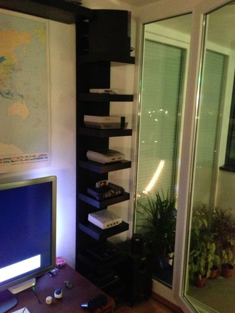 LACK Video Game Console shelf with hidden cables  -  I want both the shelves and the SYSTEMS - awesome all around1!! Video Game Console Shelf, Game Console Shelf, Video Game Organization, Video Game Storage, Lack Shelf, Nerd Room, Console Shelf, Hidden Shelf, Ikea Lack