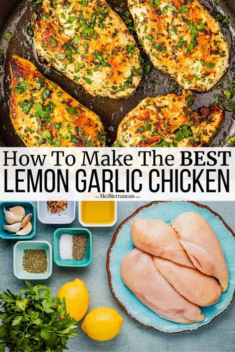 Lemon garlic chicken is juicy and flavorful thanks to a bold marinade. Learn how to pan-sear chicken with this easy lemon chicken recipe. Lemon Garlic Chicken Marinade, Mediterranean Diet Chicken, Lemon Garlic Chicken Breast, Lemon Chicken Breast Recipes, Garlic Chicken Marinade, Easy Lemon Chicken Recipe, Lemon Chicken Marinade, Healthy Lemon Chicken, Easy Lemon Chicken