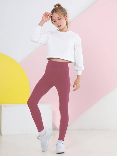 Dusty Pink  Collar  Fabric Plain Regular Embellished High Stretch  Tween Girls Clothing Teen Leggings Outfit, Gender Fluid Fashion, Kids Camp, Estilo Fitness, Girl Leggings, Perfect Leggings, Cute Gym Outfits