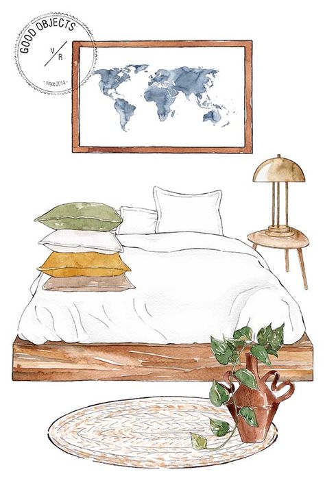 Interior Illustration Sketches, Watercolor Bed, Bedroom Drawing Sketches, Pillow Sketch, Watercolor Bedroom, Bedroom Watercolor, Watercolor Room, Bed Illustration, Furniture Illustration