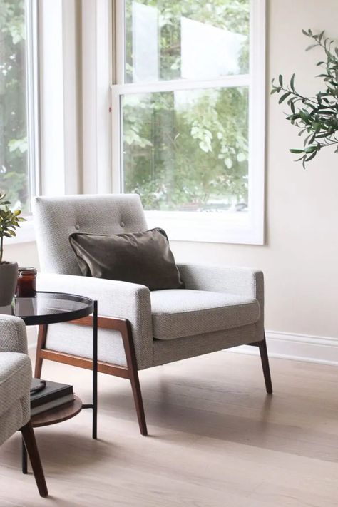 LIving Room Seating - Adding Cozy Chairs | The DIY Playbook Gray Accent Chair, Cozy Chairs, Mid Century Modern Lounge Chairs, White Oak Hardwood Floors, Diy Playbook, Scandinavian Chairs, Cozy Chair, Black Photo, Room Seating