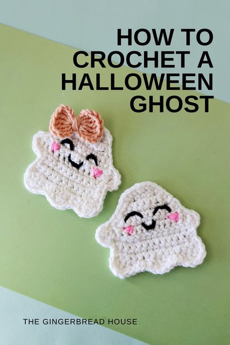 How to crochet a Halloween ghost or two to update your Halloween decor this year Crochet Ghost Applique, Halloween Crochet Ideas, Fall Crochet Projects, Crochet Ghost, Halloween Applique, Crochet Applique Patterns Free, Crochet Embellishments, Fall Crochet Patterns, Easy Halloween Crafts