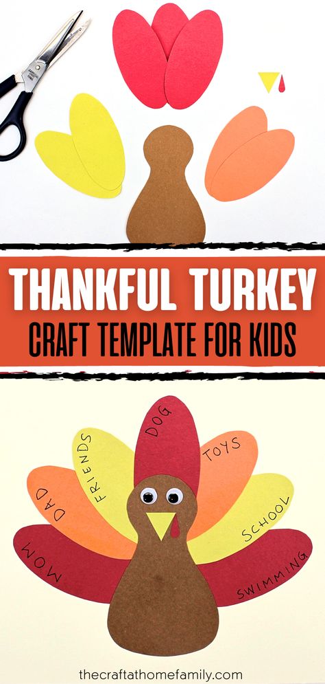 In-process and finished pictures of thankful turkey craft with the words "Thankful Turkey Craft Template for Kids" Thankful Turkey Craft Preschool, Thankful Turkeys Craft, Feather Letter Turkey, Handmade Turkey Craft, Canadian Thanksgiving Crafts For Kids, Diy Thanksgiving Turkey Crafts, Being Thankful Crafts For Preschool, Diy Thankful Turkey, Construction Paper Crafts Thanksgiving