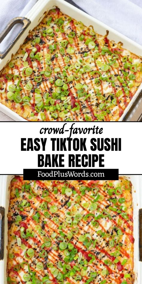 Check out this super popular and yummy TikTok Sushi Bake recipe! It's like a sushi roll in casserole form – so cool! Great for parties, it's creamy and delicious. This awesome dish is full of seafood goodness, and you can even watch a video to help you make it. It's healthy too! In under 40 minutes, you'll have a perfect potluck dish that everyone will love. Don't miss out on this viral recipe sensation! Sushi Bake Tiktok, Sushi Roll Bake, Sushi Pan Recipe, Tiktok Sushi Bake, Dairy Free Sushi Bake, Teriyaki Chicken Sushi Bake, Lazy Sushi Bake, Tuna Sushi Bake Recipe Easy, Veggie Sushi Bake