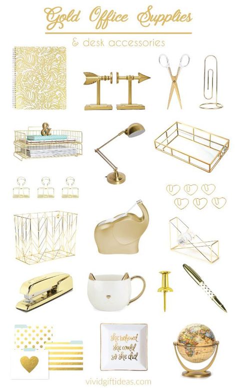 Gold office decor ideas. Accessorize with gold office supplies and gold desk accessories. Gold Office Supplies, Gold Desk Accessories, Gold Office Decor, Work Desk Decor, Chic Office Decor, Work Cubicle, Office Supplies Desk Accessories, Gold Office, Gold Desk