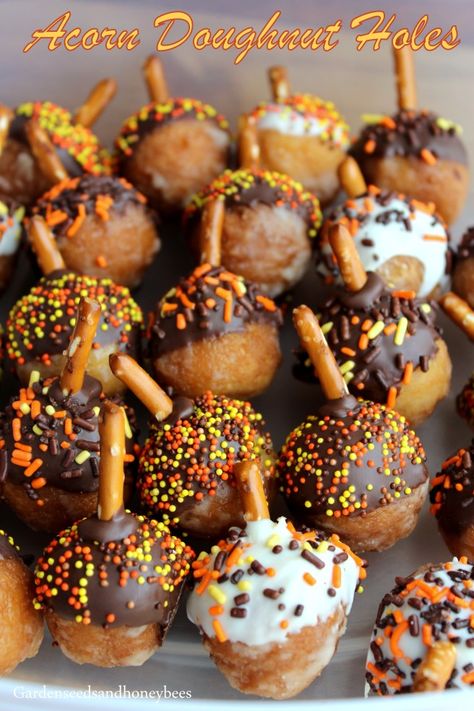 Acorn Doughnut Holes - Garden Seeds and Honey Bees Bacon Egg Salad, Turkey Cookies, Doughnut Holes, Dinner Party Desserts, Chocolate Melting Wafers, Fall Brunch, Pampered Chef Recipes, Thanksgiving Treats, Cinnamon Swirl