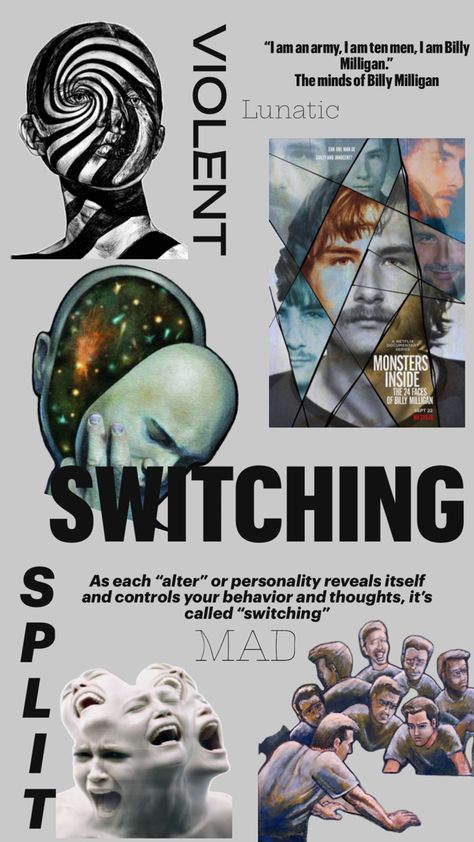 This college represent Dissociative identity disorder aka Multiple Personality Disorder. I’ve decided to post a lot of visuals with phrases like “lunatic”, “violent”, and “Mad” which represents the the perceptions that people with this disorder face being one of the stigmization that they face. Billy Milligan is a infamous serial killer that had this disorder he had approximately twenty-four personalities. Billy Milligan, Multiple Personality, Japanese Men, Personality Disorder, Infamous, Personalities, The Twenties