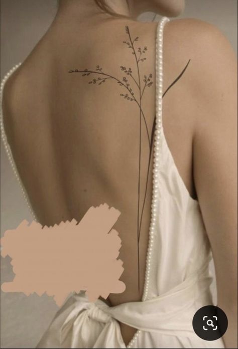 Simple Line Spine Tattoo, Fine Line Tattoo Shoulder Women, Mika Salamanca Tattoo, Simple Back Tattoo Women Spine Flower, Larkspur Back Tattoo, Back Tattoo Flower Spine, Plant Tattoo Back, Flower Spinal Tattoo, Woman Spine Tattoos