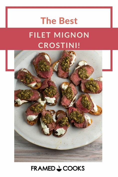 Filet Mignon Crostini, Filet Bruschetta, Filet Mignon Appetizer, Dinner Party Appetizer, Pesto Crostini, Artichoke Appetizer, Dinner Party Appetizers, Toasted Crostini, Mignon Steak