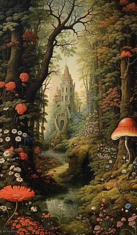 Enchanted Forest Princess Aesthetic, Fairy Castle Illustration, Fairytale Concept Art, Enchanted Forest Moodboard, Fairytale Wallpaper Aesthetic, Fairytale Illustration Vintage, Old Fairytale Illustration, Fairytale Art Illustration, Vintage Fairytale Art