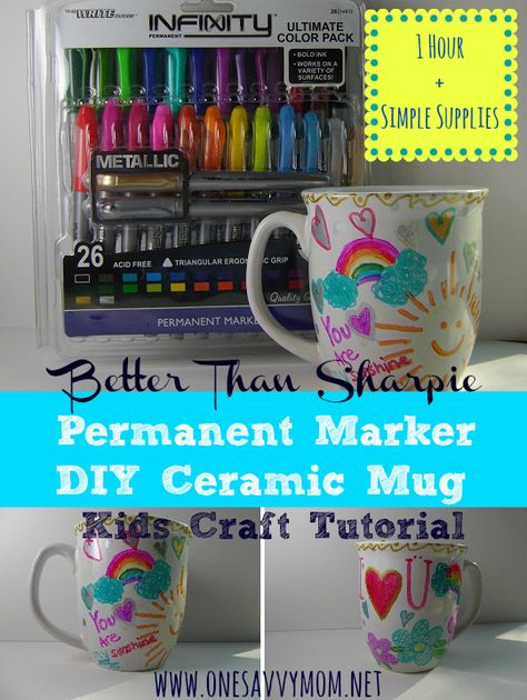 Permanent Marker DIY Ceramic Mug-this person used "The Write Dudes - Infinity Ultimate Color Pack" decorate plain white ceramic mugs place them in a preheated oven, on a metal baking sheet, at 350 degrees Fahrenheit for 1 hour.(most other instructions say only 30 min) Sharpie Mugs, Hand Print Mug Diy, Writing On Mugs, Sharpie On Mugs Diy, Drawing On Mugs With Sharpies Diy, Diy Ceramic Mugs Sharpie, Sharpie Mugs Diy Instructions, Diy Coffee Cups Sharpie, Mug Diy