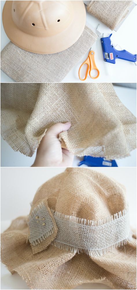 How To Make A Scarecrow Hat Out Of Burlap, Burlap Scarecrow Hat Diy, Diy Scarecrow Hat For Kids, How To Make A Scarecrow Hat, Scarecrow Outfit Woman, Diy Scarecrow Costume For Women, Scarecrow Hat Diy, Make A Straw Hat, Scarecrow Hat Pattern